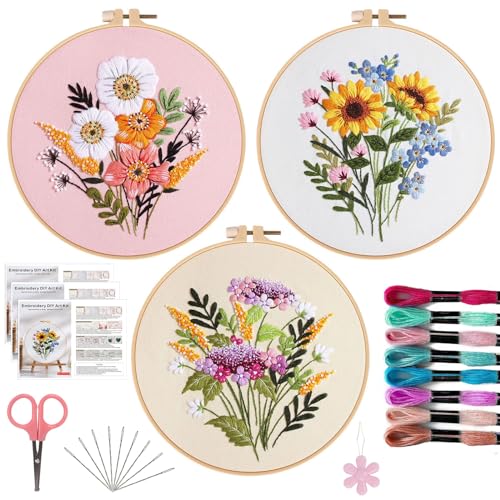 Offizon 3 Sets Embroidery Kit for Beginners Adult DIY Cross Stitches - color: Flower-B (3 Pack)