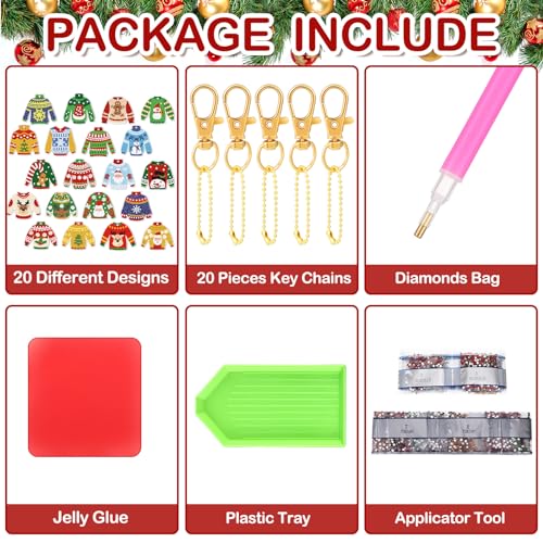 Tondiamo 20 Pcs Christmas Diamond Painting Keychain Kits 5D DIY Diamond Art Pendants Double Sided Hanging Key Chains for Christmas Party Decoration DIY(Sweater Style) - style: Sweater Style