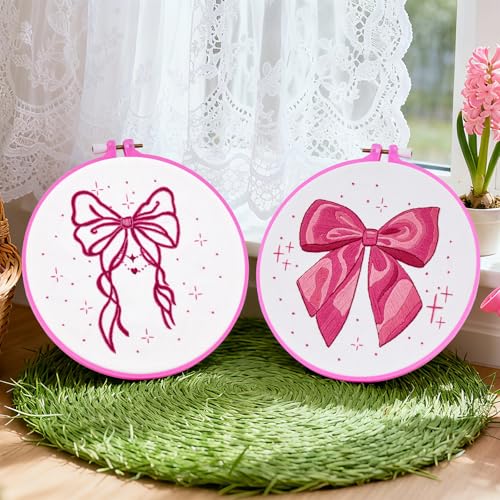 2 Sets Pink Hand Embroidery Kits for Beginners Adults, Cute Bow Embroidery Starter Kits, Cross Stitch Kits for Beginner Needlepoint DIY Kits for Adult, 2 Set Embroidery Hoops, Thread & Video Tutorial - color: Pink