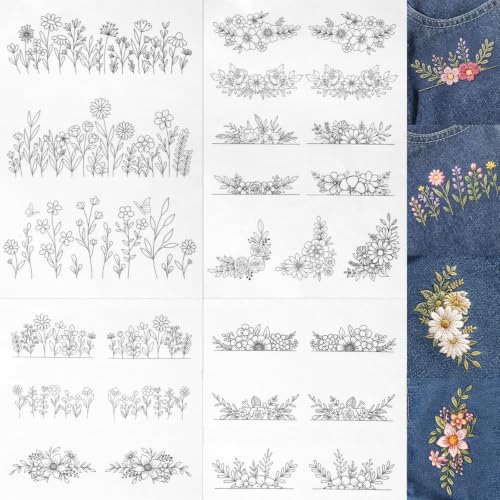 3 Sheets Embroidery Patterns Water Soluble Stick and Stitch Embroidery Paper Pre-Printed Floral, Flower Transfer Paper for Beginners Hand Sewing Lovers