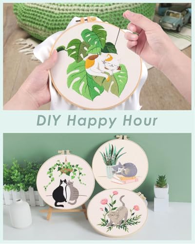 ERKOON 4 Sets Embroidery Kit for Beginners,Hummingbird and Flower Cross Stitch Set for Include Embroidery Cloth Hoops Threads for Craft Lover Hand Stitch (Cat) - color: Cat