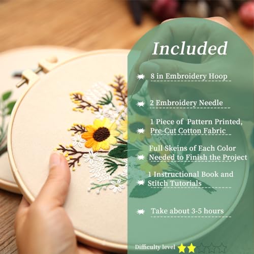 FONNUY Embroidery Kit for Beginners，Plants Flowers Pre-Stamped Pattern Kits for Adults with Hoop, Easy to Follow Needlework (Sunflower) - color: Sunflower