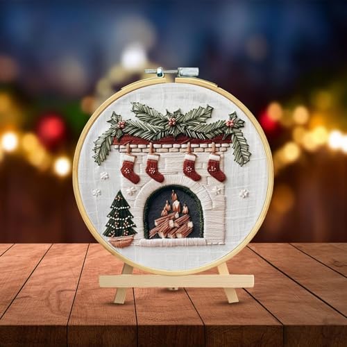 RUIQLXHANG Christmas Embroidery Kit, Christmas Gnomes Embroidery Kits for Beginners with Pattern, Cotton Threads, Needles, Instruction, 20cm Hoop, Gift for Mom, Grandma (Fireplace) - color: Fireplace
