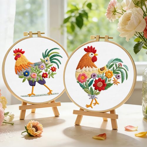 ERKOON Embroidery Kit for Beginners Adult, 2 Set Cross Stitch Set Include Embroidery Cloth Hoops Threads for Craft Lover Hand Stitch with Embroidery Skill Techniques (Rooster) - color: Rooster