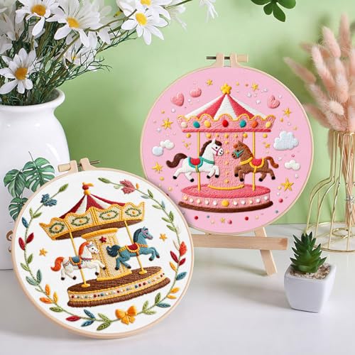ERKOON 4 Set Embroidery Kit for Beginners, Cross Stitch Set Include Embroidery Cloth Hoops Threads for Craft Lover Hand Stitch with Embroidery Skill Techniques (Carousel) - color: Carousel