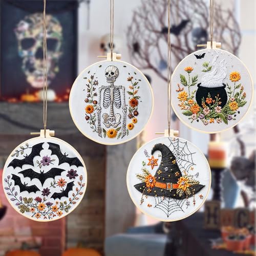 4 Set Halloween Embroidery Kit, Halloween Cross Stitch Kit, Gothic Embroidery Starter Kit 6 Inch Needlepoint DIY Craft for Beginners Adults