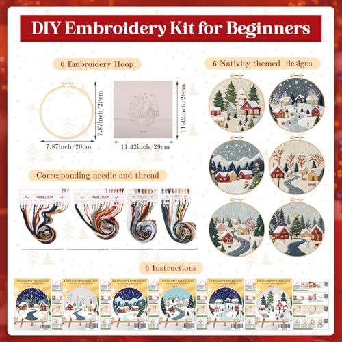 Peryiter 6 Sets Christmas Embroidery Kits for Beginners
