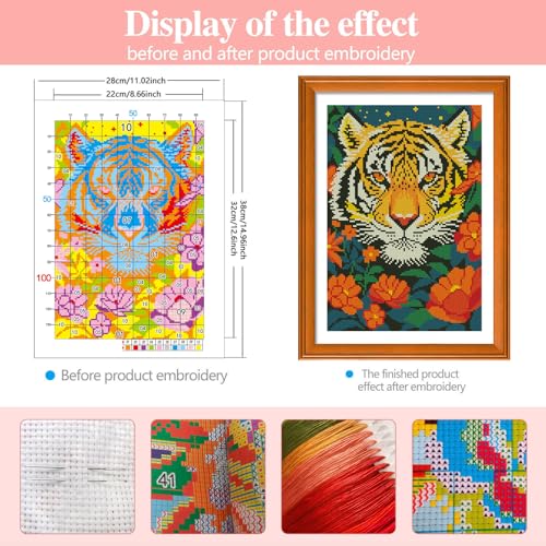 Zhenqing Tiger Stamped Cross Stitch Kit for Beginners, 11CT Printed Full Coverage Tiger Face with Orange Flowers Pattern, 28 x 38 cm Wildlife Animal Embroidery Needlework Set, No Hoop Needed - color: Tiger in Bloom