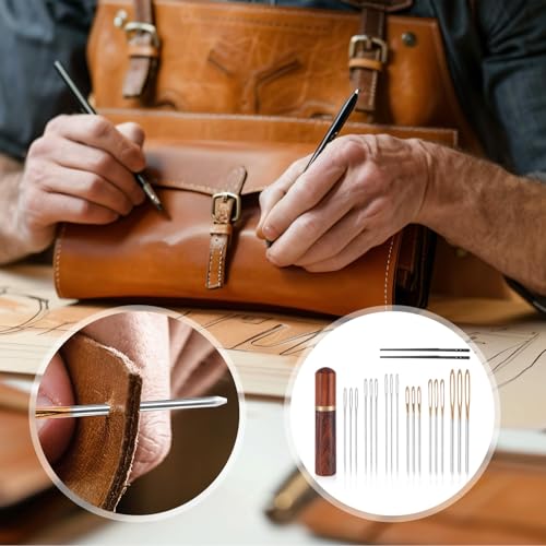 20pcs Large Eye Sewing Stainless Needles, Big Eye Embroidery Needles Steel Blunt & Sharp Tapestry Needle Hand Knitting Needle with Wooden Case for Leather Stitching Quilting Crochet Weaving Project