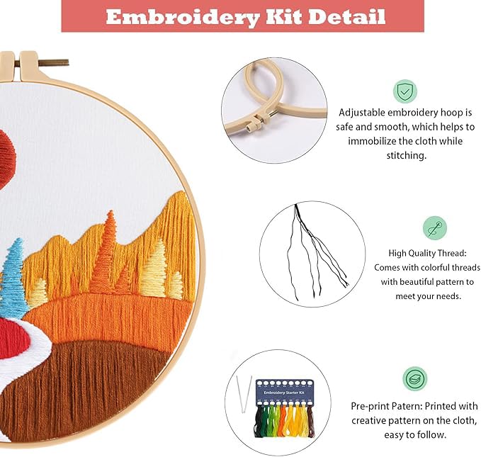 GLTAYLMY Embroidery Kits for Beginners Adults, Stamped Cross Stitch Kits for Adult Beginners Embroidery Starter Kit with Pattern, 3 Embroidery Hoop and Fabric, Needles Threads - color: Landscaping1