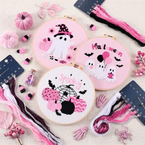 Mindsoft 3 Set Needlepoint Kit for Beginners with Hoop,Pink Halloween - style: Pink Halloween