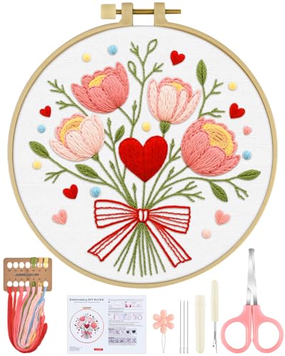 ERKOON Embroidery Kit for Beginners Adult, Flower Cross Stitch Set Include Embroidery Cloth Hoops Threads for Craft Lover Hand Stitch with Embroidery Skill Techniques (Bouquet) - color: Bouquet