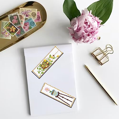 FREEBLOSS 6 Set Cross Stitch Bookmark Kit Flowers Patterns Stamped Cross Stitch Kit with Instruction Embroidery Kit for Adults Beginners Reading Gift 8''x2.4'' - style: Potting