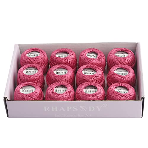 Rhapsody Pearl Cotton Thread Size 8 Crochet Thread Perle 12 Balls Set Hand Knitting, Embroidery, Sashiko, Cross-Stitch, Sewing, Needlepoint, DIY, Quilting (DK Cranberry, Col. 228) - color: DK Cranberry, Col. 228