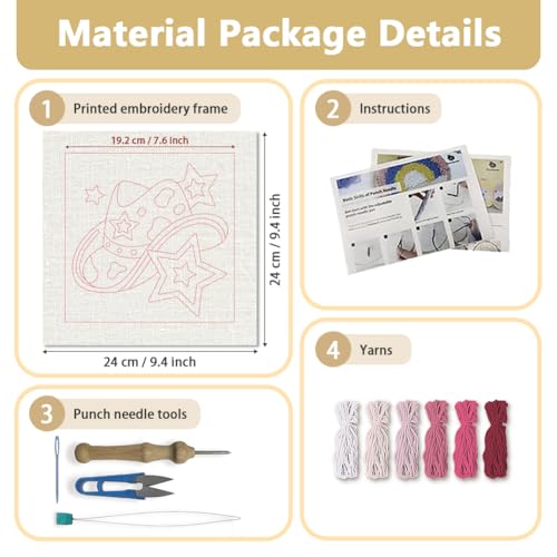 DOODLREAM Weatern Cowboy Punch Needle Kit for Beginner, 9.4"x9.4" Pink Star Hat Stitching Craft Set, DIY Embroidery Starter with Printed Frame, Instruction, Threader, Yarn, Pinch Needle - color: Pink Star Hat