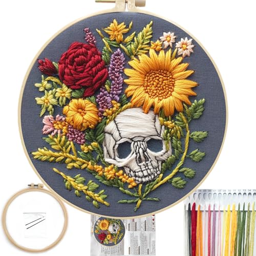 FONNUY Floral Embroidery Kit for Beginners, Colorful Flowers Pre-Stamped Pattern Kits for Adults with Hoop, Thread Needlework, 8'' Hoop (Skull) - color: Skull
