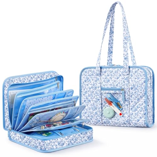 Abbylike Sewing Embroidery 8 Compartments Bag, Blue Floral - style: Blue Floral