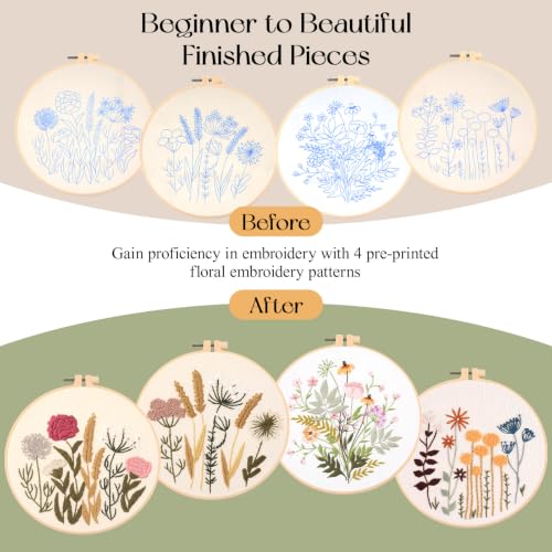 Dadanism Embroidery Kit for Beginners, 4 Pack Starter Embroidery Kits - style: Flowers