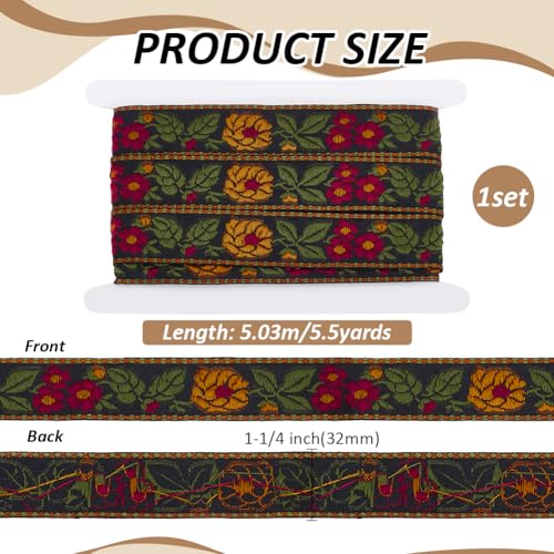 FINGERINSPIRE 5.5 Yards Ethnic Style Embroidery Flower Ribbon 1-1/4 Inch Wide Black Floral Jacquard Vintage Woven Trim for DIY Crafts Sewing Clothing - color: Black