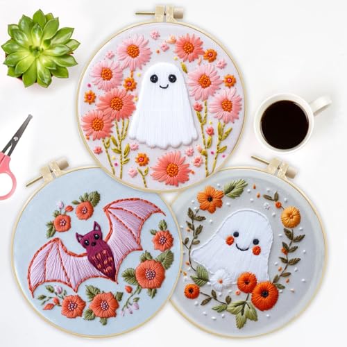 LB Pink Halloween Embroidery Kit for Beginners Adults, 3 Sets Hand Embroidery Starter Kit with Ghost Pattern and Instructions Stamped Cross Stitch Kits Include Embroidery Hoop Needles Threads Scissors - color: Pink White