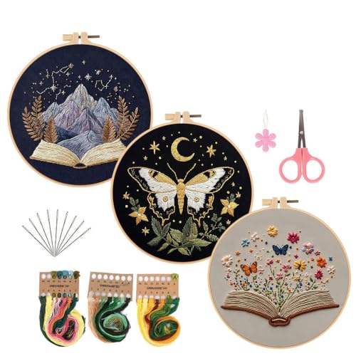 Konrisa Stamped Embroidery Kit with Butterfly Scenery Book Flower Pattern, Embroidery Starter Kit DIY Sewing Practice, Cross Stitch Kit,Set of 3 - color: flower book