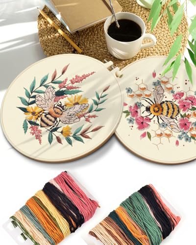 TINDTOP 2 Pack Embroidery Kit for Adult, Embroidery DIY Starter Kit, with Stamped Patterns, Hoop, Tools, Colorful Threads with Needles, Instructions (Bee) - color: Bee