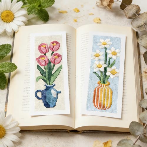 INFUNLY 6PCS Cross Stitch Bookmark Kit for Adults Flower Vase Stamped Embroidery Bookmark Kit with Backing Felt Floss Instruction for Book Lovers Readers - style: Vases