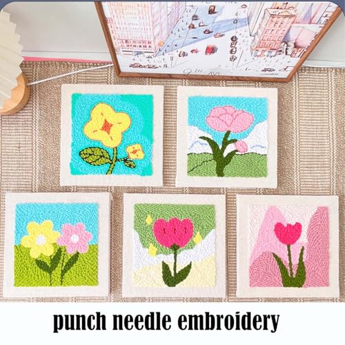 Allazone Punch Needle Embroidery Kit, Square Frame with Green and Pink Tulip Pattern, Includes Frame, Stand, Punch Needle, Scissors, Yarns, Adults Beginner Friendly - color: Green and White-2