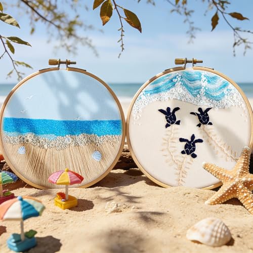 Embroidery Kit for Beginner Adults, Stamped Cross Stitch kits for Adults Beginners, Ocean Hand Embroidery Starter Needlepoint Kit, 2 Set Embroidery Supplies, 2 Hoops (Attached Teaching Video QR Code) - color: Beach, size: 8inch