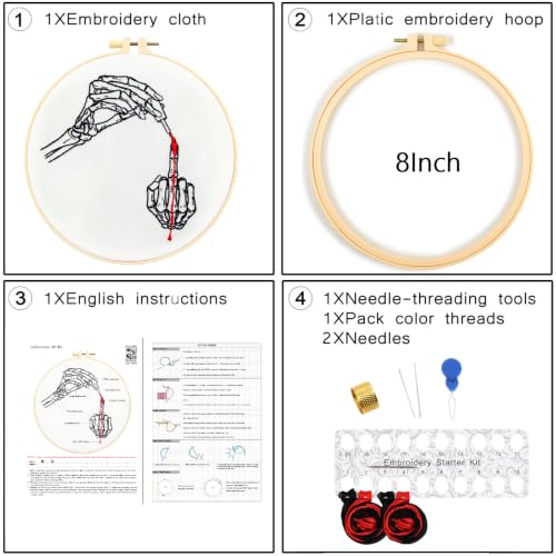 Gothic Embroidery Starter Kits for Adults Beginners, Halloween Embroidery Kits, Hand Bone Cross Stitch Kits Needlepoint Kits for Beginners Adults Woman Halloween Gifts, Embroidery Hoop, Video Tutorial - color: H2095
