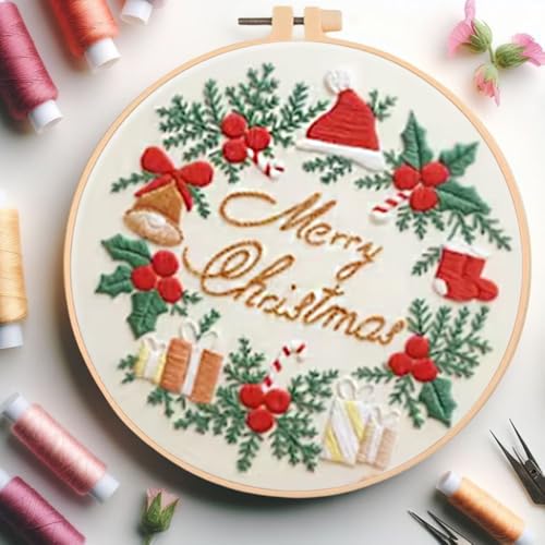Huacan Embroidery Kits for Adults Beginner DIY Cross Stitch Stamped Christmas Pattern Stitching Wreath Sewing Kit 1 Piece 7.8 x 7.8 Inch - color: Christmas Wreath 1