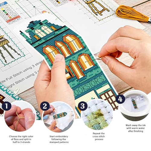 FREEBLOSS 6 Set Cross Stitch Bookmark Kits 11CT 8"x2.4" Street View - style: Bookstore house