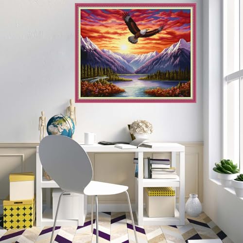 Disnesart Cross Stitch Stamped Full Embroidery Kits DIY 11CT Cotton Thread Printed DIY Needlepoint Kits Craft Needlework Set Cross-Stitch Stamped Sets-Mountain Eagle 16x20 inch - color: Stylepattern17