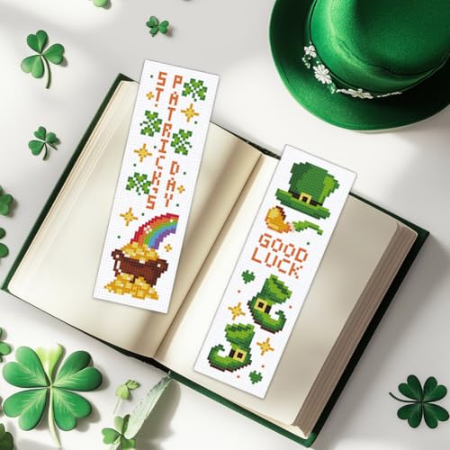 BEUNITONE 6 Pcs Bookmarks Cross Stitch Kits for Adults Beginner St. Patrick's Day Themed Stitch Bookmark Cross Stitch Kits for Beginners Good Luck Embroidery Kits Bookmark Kit for Book Lover 8''x2.4'' - style: St. Patrick's