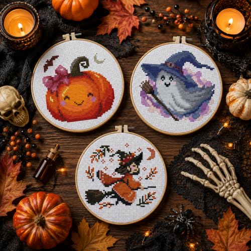 3 Pack Halloween Stamped Cross Stitch Kits for Beginners,with Hoop 6x6in - color: Witch Ghost Pumpkin