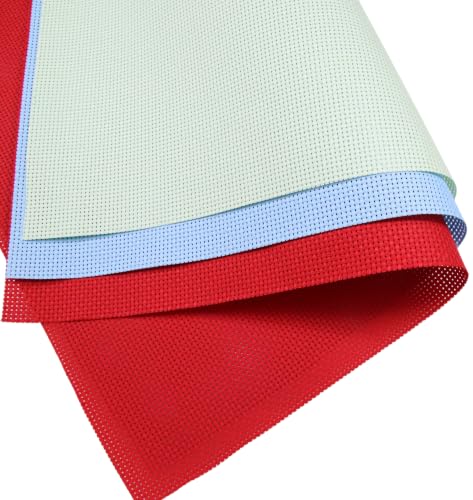 KCS 3 pc of 15" x 18"(38cmx45cm) 11 Count Cross Stitch Cotton Aida Cloth Needlework Rolled Fabric Box,11CT,Light Blue+Light Green+Red - color: Light Blue+light Green+red, size: 11CT
