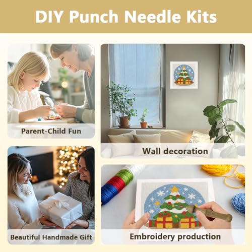 Doodlream Christmas Tree DIY Punch Needle Embroidery Kit for Adult Beginner, 9.4" Christmas Pine Tree Punch Stitching Craft Set for Starter with Frame, Fabric Pattern, Threader, Yarn, Pinch Needle - color: Christmas Tree
