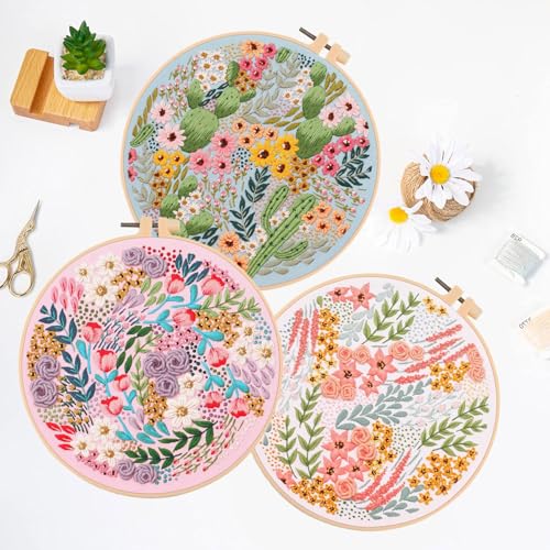 LB Pink Floral Embroidery Kit for Beginners Adults, 3 Sets Hand Embroidery Starter Kit with Cactus Flower Pattern and Instructions Stamped Cross Stitch Kits Include Embroidery Hoop Needles Threads - color: Pink Green