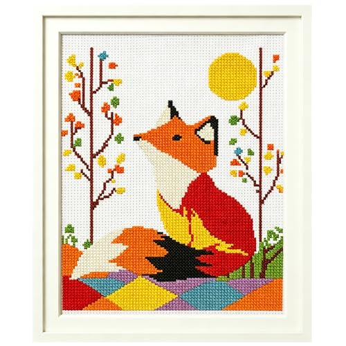 Zhenqing Geometric Red Fox Stamped Cross Stitch Kit for Adults Beginners, 11CT Printed Cross Stitch on White Cotton Fabric, Woodland Animal DIY Needlework Home Decor (66158) - color: Geometric Red Fox