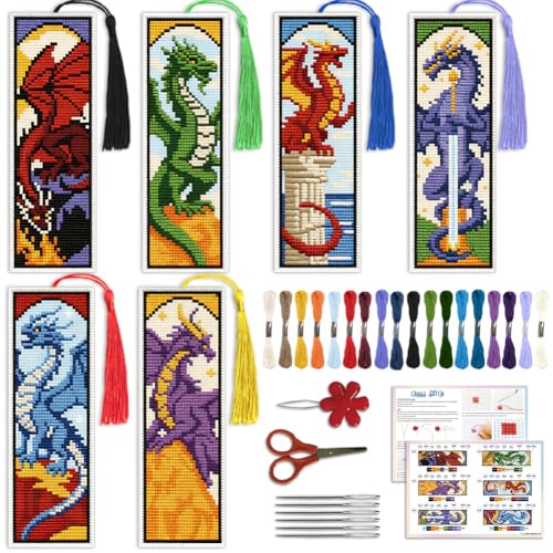 ACRNIGHEET 6PCS Cross Stitch Bookmark Kit for Beginner Dragon Stamped Cross Stitch Kits Needlepoint Kit for Adults DIY Tassel Embroidery Bookmark Kits with Instructions Craft Gift 8.5''x3'' 11CT - style: Dragon Patterns