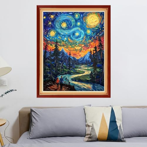 Redxing Stamped Cross Stitch Kits - Beach Night Landscape Counted Cross Stitch Kits for Beginners Adults Needlepoint Cross-Stitch Patterns-Van Gogh Night Sky Couple 16x20 inchs - color: ArtsKit20