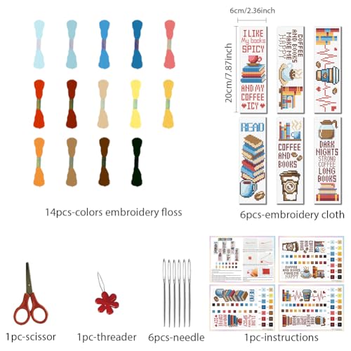 FREEBLOSS 6 Set Cafeteria Cross Stitch Bookmark Stamped Cross Stitch Kit with Coffe&Books Patterns Embroidery Kit with Instruction DIY Bookmark Kit for Gift Adults 8.67''x3'' - style: Coffee Text