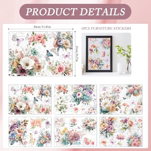 Wxiben 6 Pcs Watercolor Floral Rub on Transfers for Crafts and Furniture - style: Vintage Flower