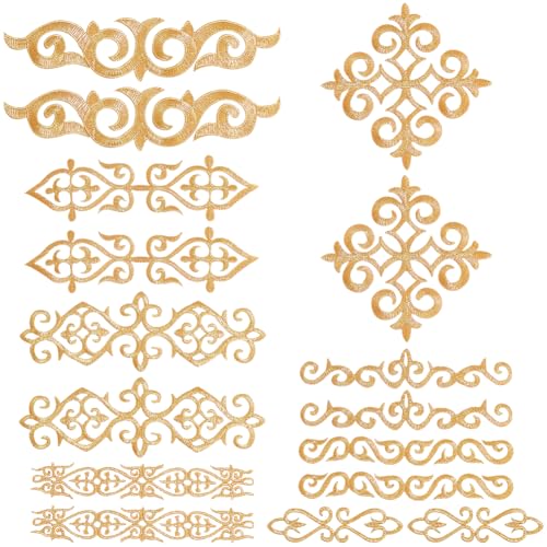 NBEADS 16 Pcs Gold Flower Embroidery Patch, 4.4-9.05inch Large Iron on Patches Sew on Patches Golden Floral Appliques for Wedding Dress Decoration Repair Clothing Backpacks Jeans Caps - color: Gold 16pcs