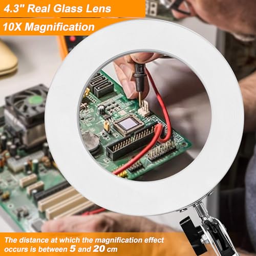 10X Magnifying Glass with Light and Stand, Magnifier with Light Hands Free, 3 Color Modes 10 Level Dimmable, Magnifying Real Glass LED Desk Lamp for Close Work, Repair, Reading, Craft, White