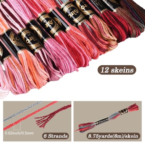 12 Skeins 105 Yards Embroidery Thread Variegated Cross Stitch Floss Bulk 6 Ply Polyester Yarn Colorful Red Friendship Bracelet String for Sewing Making Needlecraft Knitting Clothes Stitching - color: Dark Red