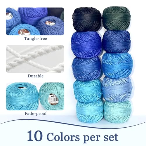 Double Mercerized Egyptian Long Staple Cotton Pearl Thread Ball 10 Grams Rainbow Color Embroidery Thread 10 Colors per Box for Crochet Hardanger Cross Stitch Hand Embroidery,Blue Series - color: blue series
