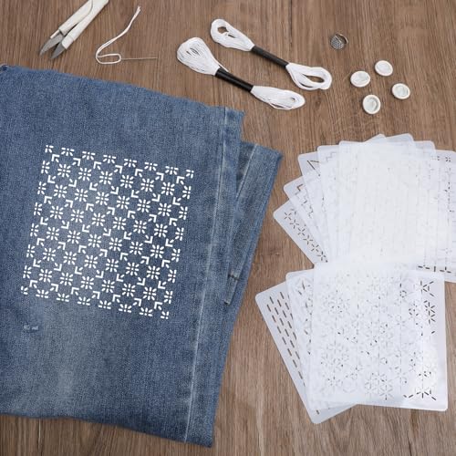 Sashiko Stencil Kit 4.7 x 4.7 Inch Plastic Sashiko Kit with Sashiko-Thimble and Needles Quilting Stencils for Hand Quilting and Embroidery (25 Pcs)