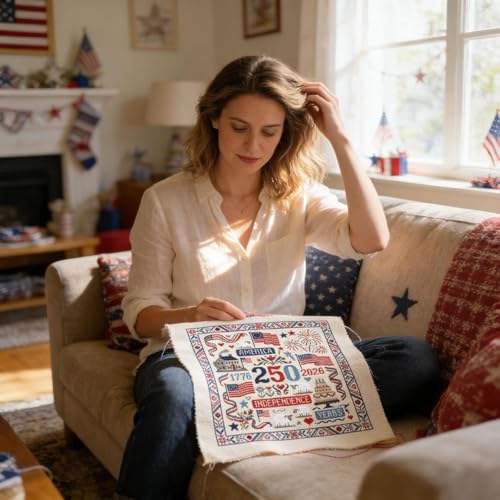 USA 250th Anniversary Cross Stitch Kit 9.8 x 9.8 Inch, 1776-2026 Patriotic Embroidery Kit for Beginners Adults, DIY 4th of July Patriotic Needlepoint Set with Threads Needle Wall Decor Craft Gift - color: 250th Anniversary-A