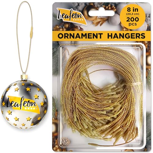 Leafeon 200 pcs Christmas Ornament Hooks - Gold Christmas Ornament Hangers with Snap - Precut Ornament String with Snap for Christmas Tree Decoration - color: 200 Pcs Gold